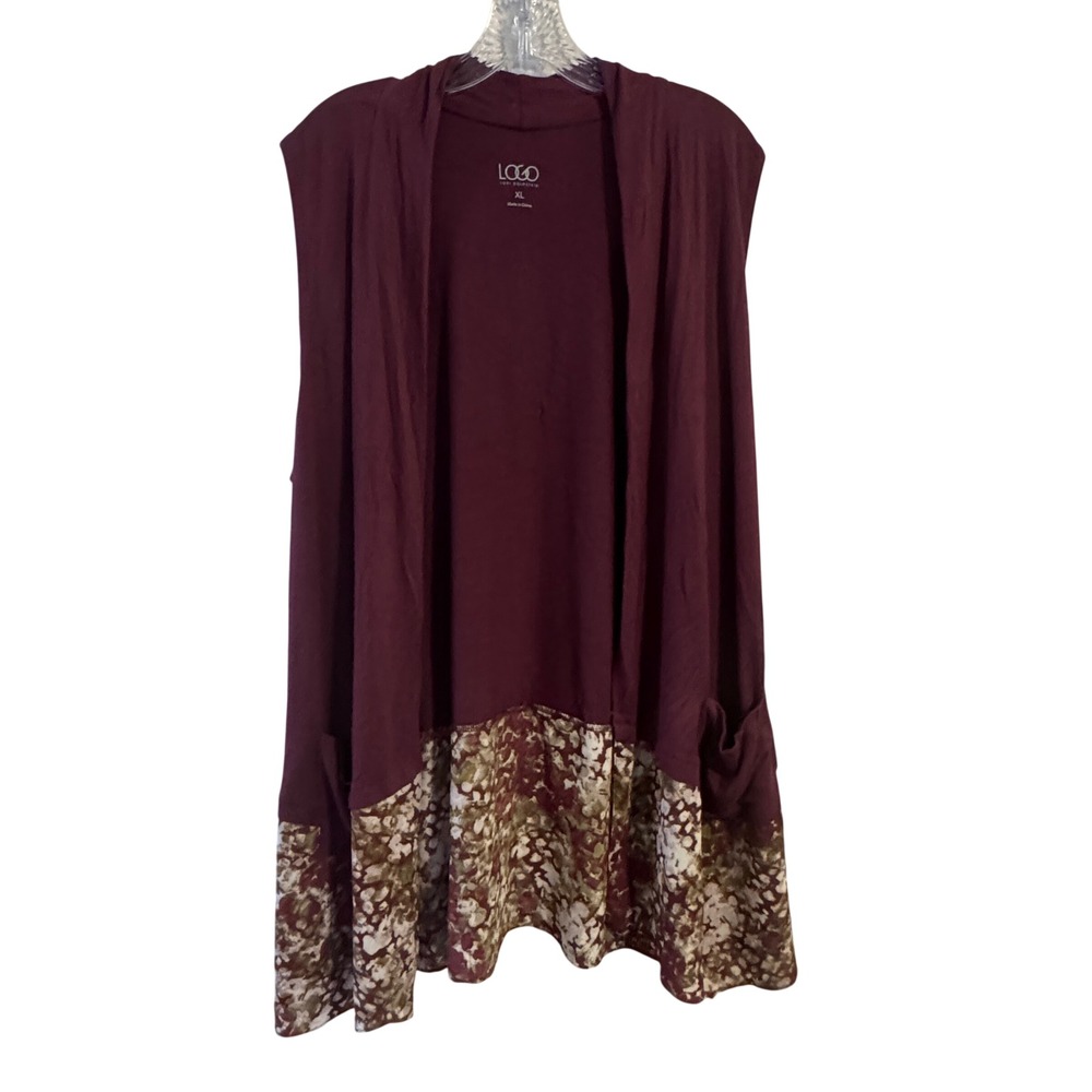 LOGO Lori Goldstein Womens XL Burgundy‎ Floral Hem Open Front Vest Pockets Boho